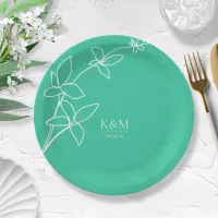 Thin Line Wedding Floral Teal ID919 Paper Plates