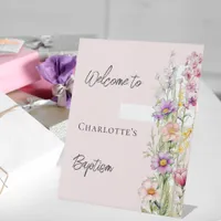 Baptism pink florals cross girl welcome sign