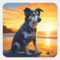 Cute Dog on Beach at Sunset  Square Sticker