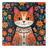 Whimsical Folk Art Cat and Flowers