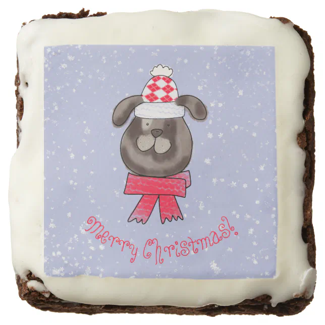 Little Christmas dog wearing knitted cap and scarf Brownie