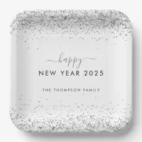 Silver Glitter Name White Happy New Year 2025 Paper Plates
