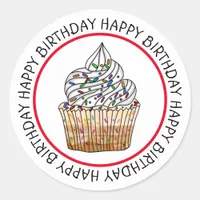 Happy Birthday Cartoon Vanilla Cupcake    Classic Round Sticker