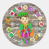 Hand drawn Festive Whimsical Christmas Elf & Candy Classic Round Sticker