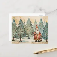 Folkart Santa in a Christmas Tree Forest Postcard