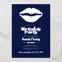 Navy and Silver Birthday Kiss Lips Foil Invitation