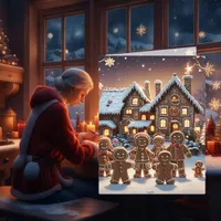 Gingerbread house and cute gingerbread family  holiday card