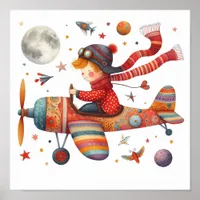 Colorful Children's Art Child Flying Old Airplane Poster