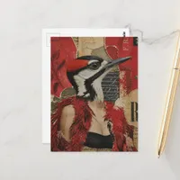 Silly Woodpecker in a black dress mixed media art Postcard