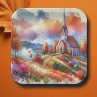 Watercolor Church on a Fall Day Paper Plates