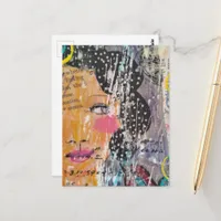Abstract Face Polka Dot Hair Mixed Media Collage Postcard
