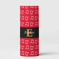 Monogrammed Music Themed Red White Musical Notes Pillar Candle