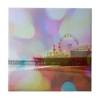 Colorful Blurry Bokeh Santa Monica Pier Ceramic Tile