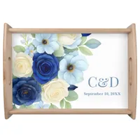 Navy Royal Bue Wedding Watercolor Ivory Flowers Serving Tray