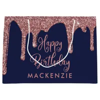 Chic Navy Blue Rose Gold Glitter Drips Birthday Large Gift Bag