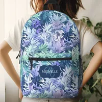Elegant Monogram Blue Green Leaves Printed Backpack