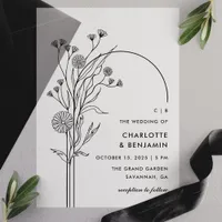 Black Wildflower Modern Minimalist Arch Wedding Vellum Invitations