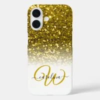 Stylish monogram gold glitter name white iPhone 16 case