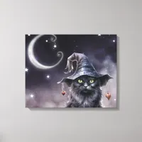 Black Halloween Cat Wearing a Witch Hat  Canvas Print