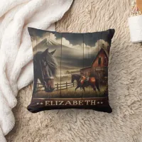 Horses at a Rustic Barn Under Mountain Clouds Throw Pillow