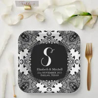 Black White Lacy Tribal Damask Fractal Lace Paper Plates