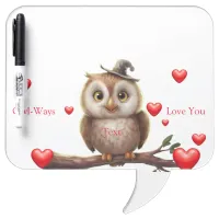 Cute little owl on branch with red love hearts dry erase board