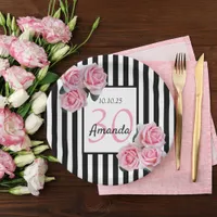 30th birthday pink florals black white stripes  paper plates