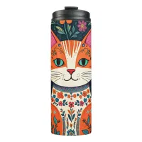 Whimsical Folk Art Cat and Flowers Thermal Tumbler