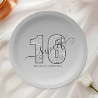 Silver Glitter Script Sweet 16 Paper Plates