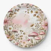 Cottage Core Mushrooms and Flowers Pink and Gold Paper Plates