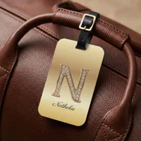 Glam Gold Diamond Monogram Initial Letter N Luggage Tag