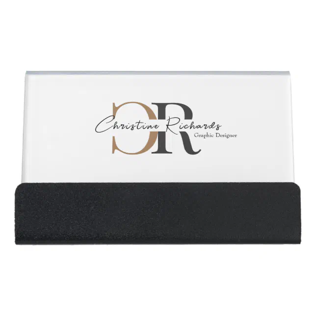 Simple Modern Black Gold Monogram Desk Business Card Holder