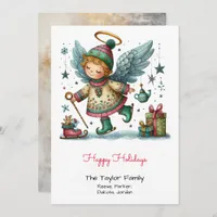 Whimsical Angel on Ice Skates Illustration Happy  Holiday Card