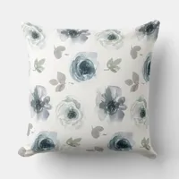 Blue and Grey Watercolor Flowers Throw Pillow