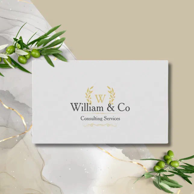 Classic Laurel Wreath Grey Gold Monogram Business Card