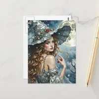Gorgeous Witch in Silver Dress and Hat Full Moon Postcard