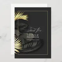 Elegant Black and Gold Tropical Leaves Wedding Thank You Card