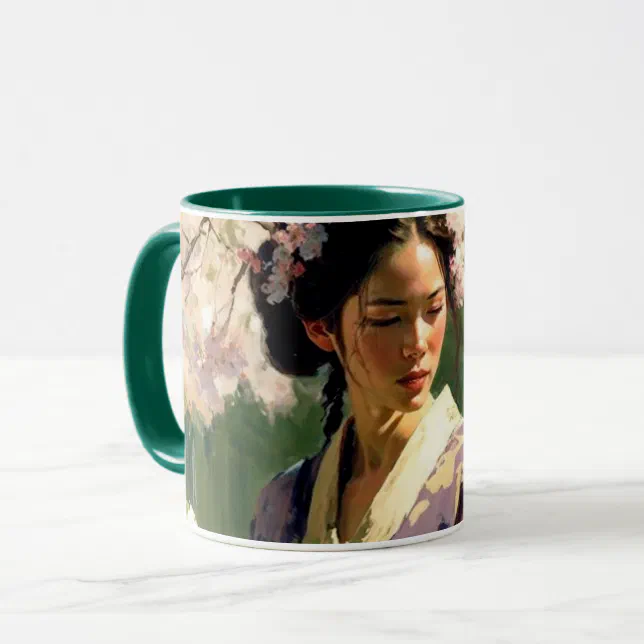 Woman Walking Under Cherry Trees on a Sunny Day Mug