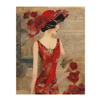 Woman in a red dress collage wood wall art