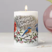 Season's Tweetings Colorful Birds on Snowy Holly Pillar Candle