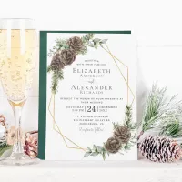 Winter Watercolor Pine Cone Greenery Wedding Invitation