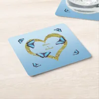 Blue morpho butterfly with golden heart   square paper coaster