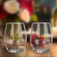 Modern Calligraphy Bride & Groom Gold ID1025 Stemless Wine Glass