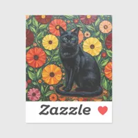 Black Cat and Colorful Folk Art Flowers Sticker