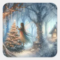 African-American Fairy Decorating Christmas Tree Square Sticker