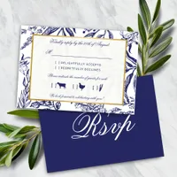 Elegant Vintage Navy Blue Gold Botanical Wedding RSVP Card