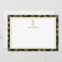 Navy Blue Gold Pineapple Pattern Monogram Note Card