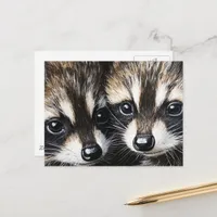 Cute Adorable Baby Raccoons Painting Postcard