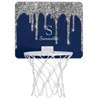 Chic Silver Glitter Drips Navy Blue Monogram Name Mini Basketball Hoop