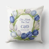 Elegant Watercolor Tulip Wreath Wedding Blue Ivory Throw Pillow